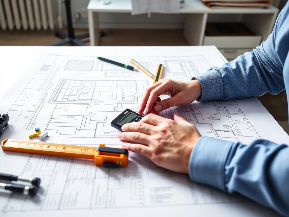 Quantity surveyor measuring construction drawings